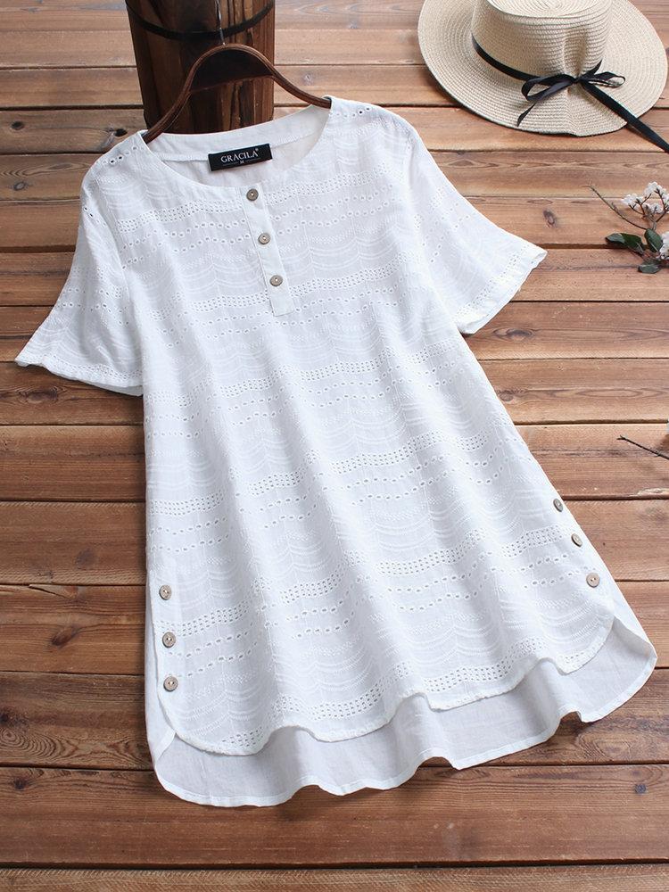 Cotton eyelet button detail tunic top for women | Marisela