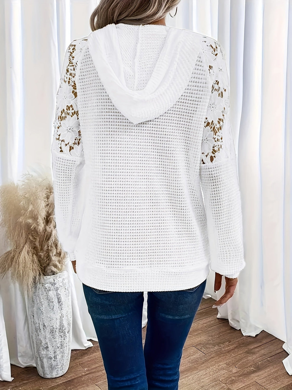 Elvara | Women's Waffle Hooded Top with Floral Panels