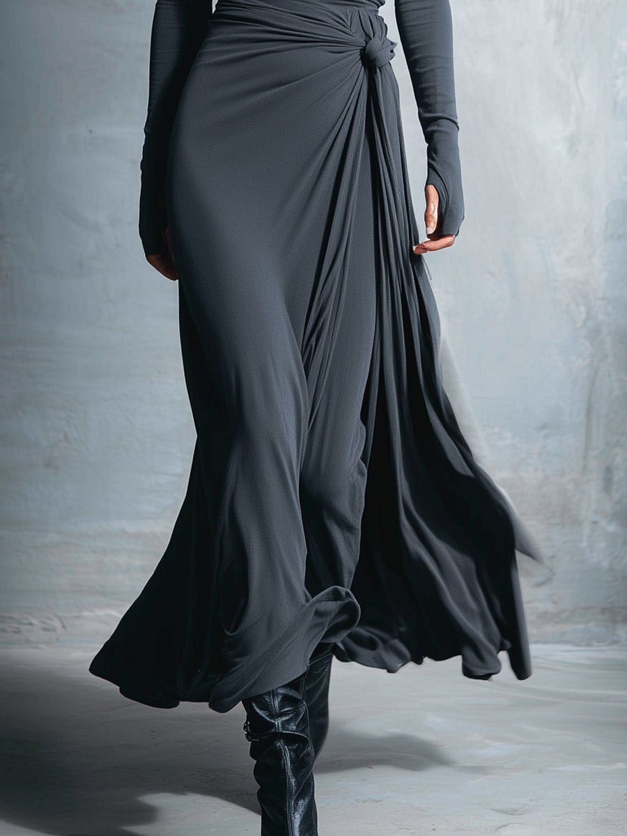 Elegant gray wrap maxi dress with knot detail for women | Elara