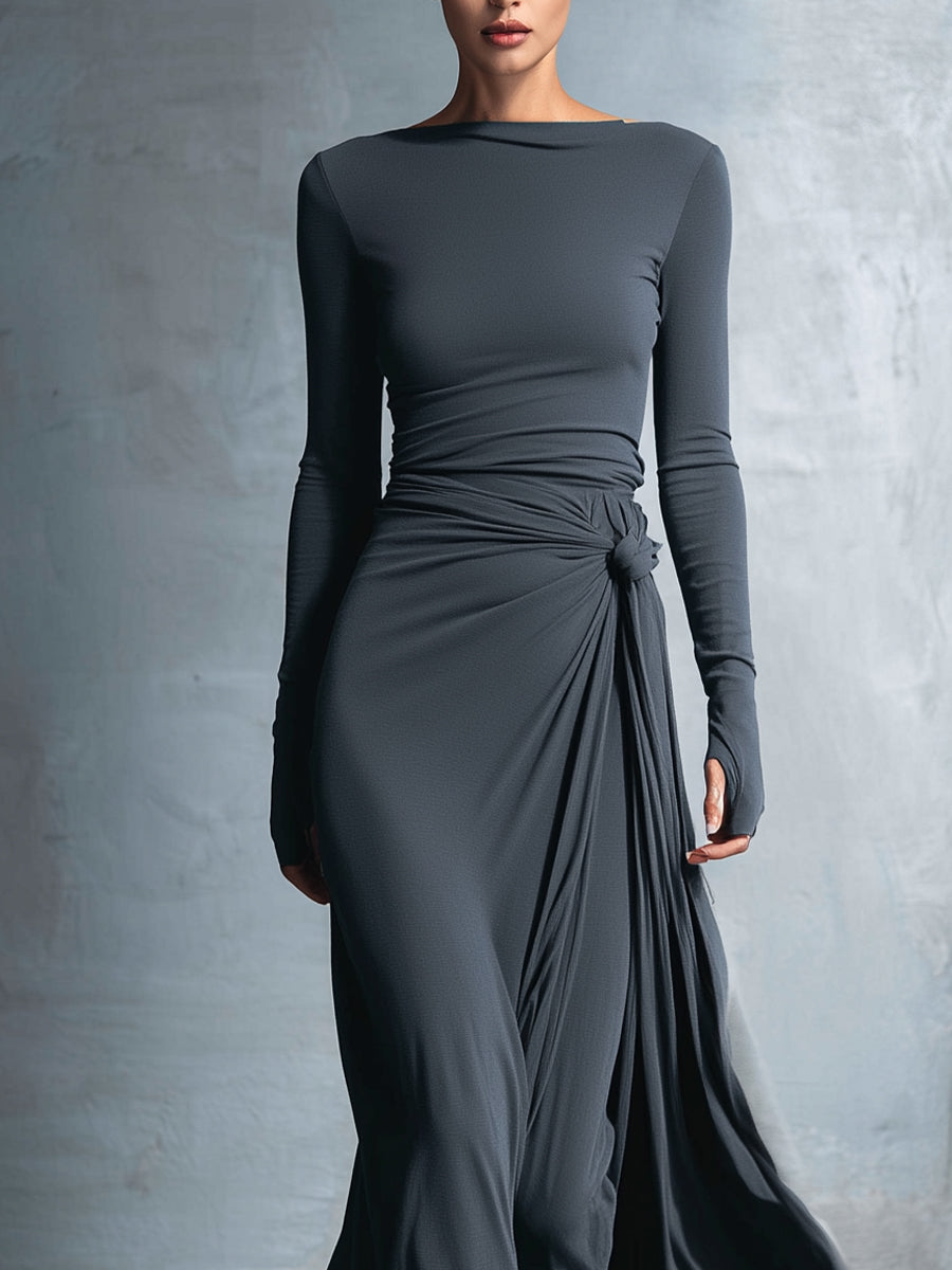 Elegant gray wrap maxi dress with knot detail for women | Elara