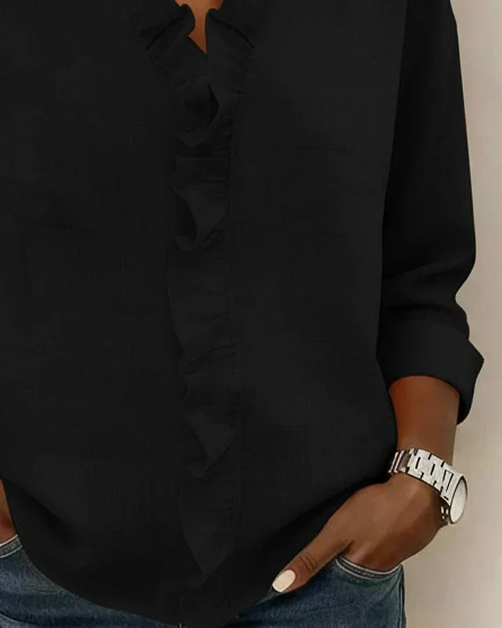 Ruffled V-Neck Blouse with Long Sleeves for Women | Elowen
