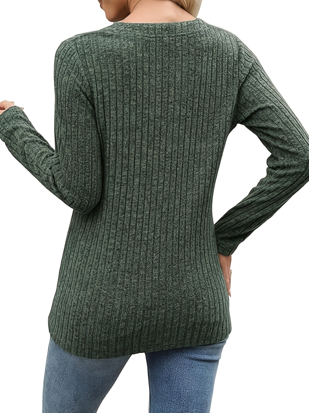 Velmara | Women's Ribbed Button Neck Top with Long Sleeves