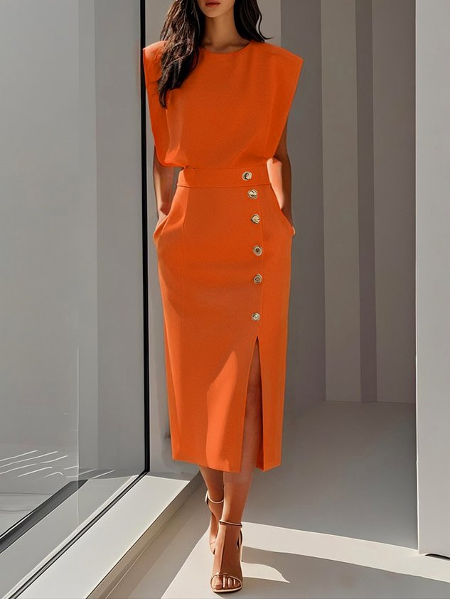 Round neck button slit structured midi dress for women | Marisela