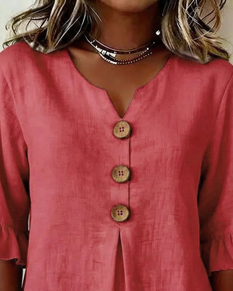 Cotton V-neck ruffle half sleeve blouse for women | Patrizia