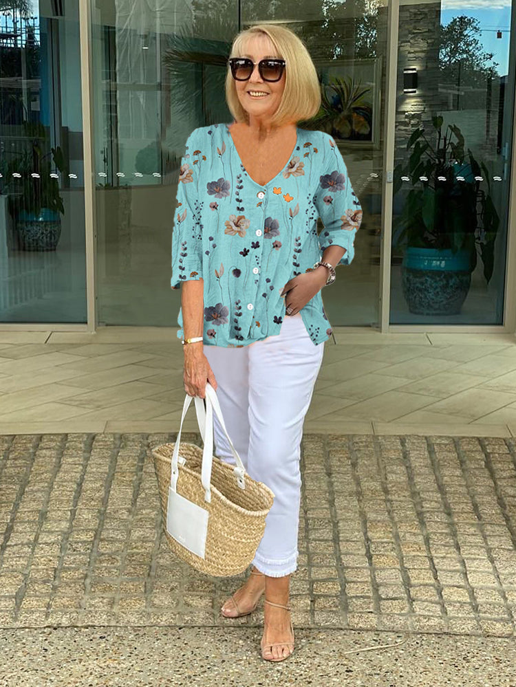 Floral V-neck lightweight breathable blouse for women | Marisela