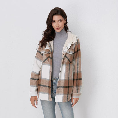 Plaid hooded flannel jacket for women | Amelia
