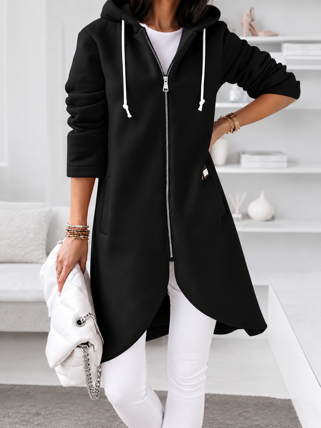 Sophie | Women's Hooded Curved Hem Longline Jacket