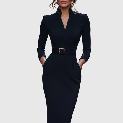 Elegant long-sleeve tailored midi dress for women | Claribel