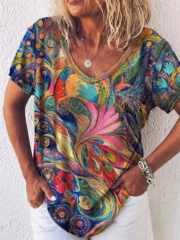 Colourful abstract art print V-neck top for women | Marisela