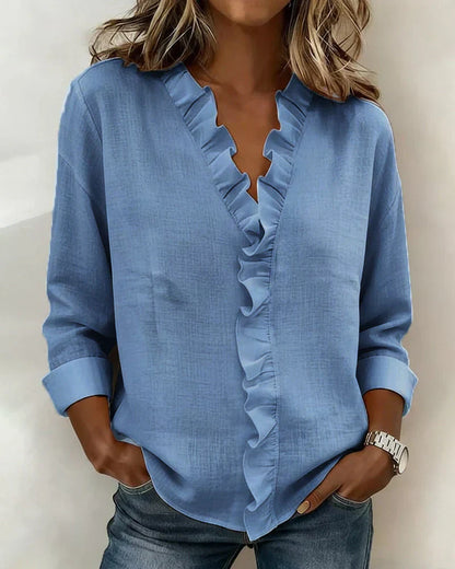 Blouse with ruffled V-neck and long sleeves for women | Indie