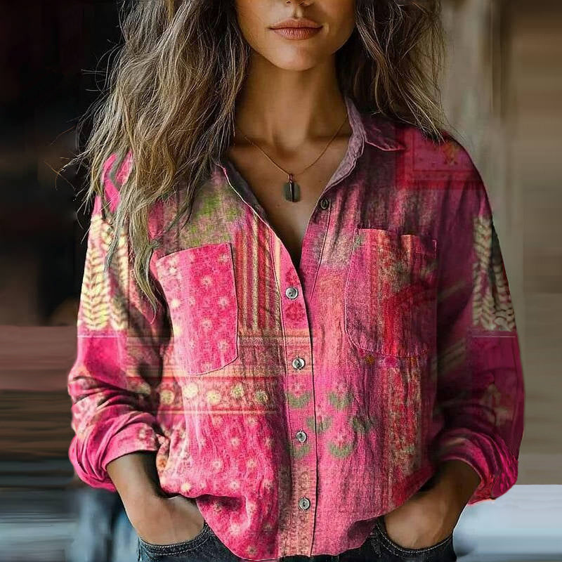 Bohemian vintage floral collared button-front long sleeve blouse for women | Marisela