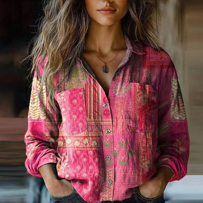 Bohemian vintage floral collared button-front long sleeve blouse for women | Marisela