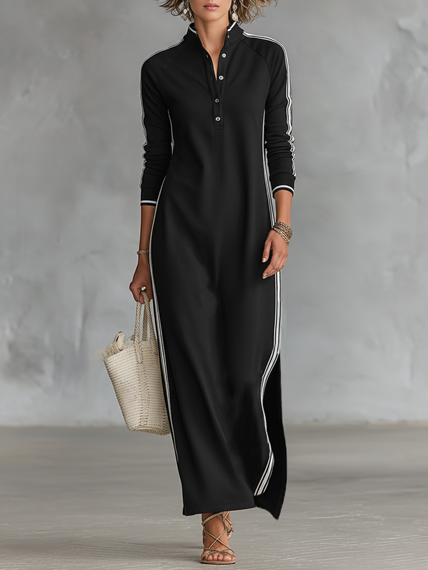 Minimalist button-down sweatshirt maxi dress for women | Elowen