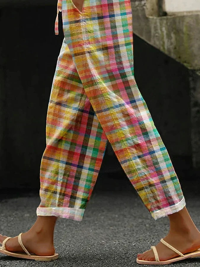 Checkered drawstring cropped tapered trousers for women | Marisela