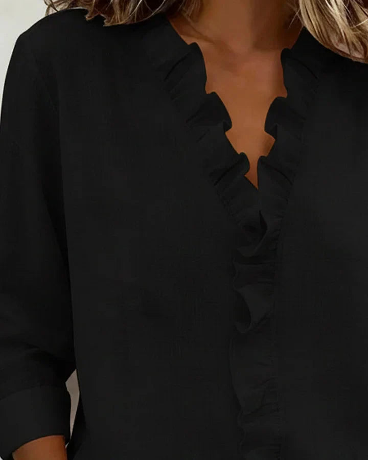 Ruffled V-Neck Blouse with Long Sleeves for Women | Elowen