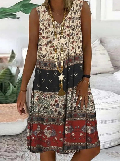 Boho patchwork print A-line midi dress for women | Marisela