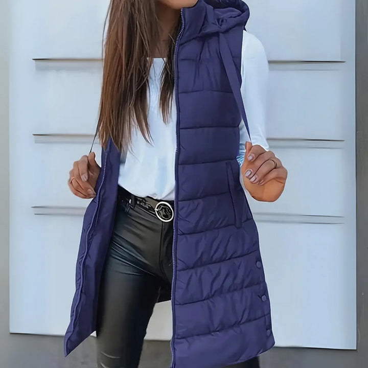 Casual sleeveless hooded long puffer vest for women | Rain