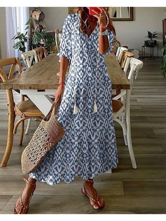 Boho V-neck tummy coverage flowy maxi dress for women | Dianna