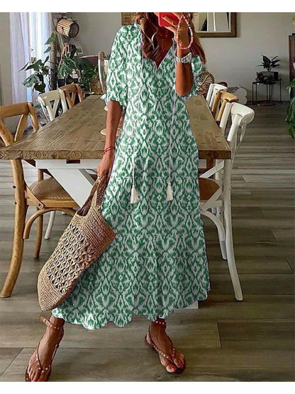 Boho V-neck tummy coverage flowy maxi dress for women | Dianna