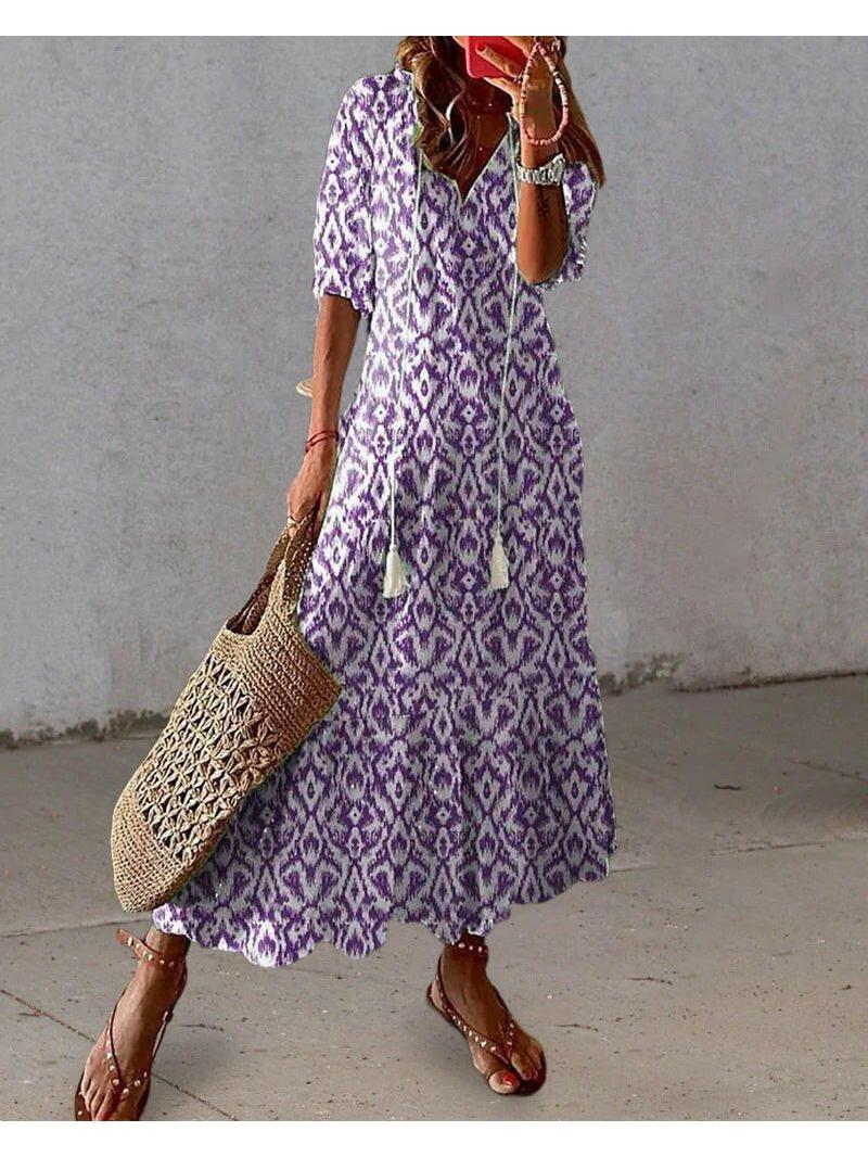 Boho V-neck tummy coverage flowy maxi dress for women | Dianna
