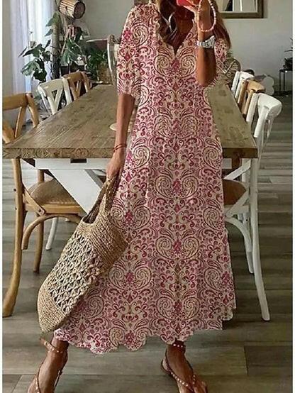 Boho V-neck tummy coverage flowy maxi dress for women | Dianna