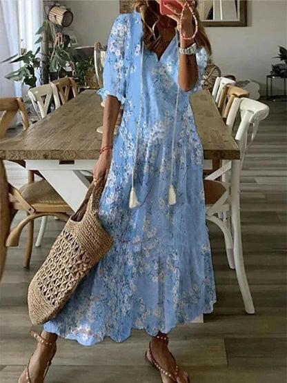 Boho V-neck tummy coverage flowy maxi dress for women | Dianna