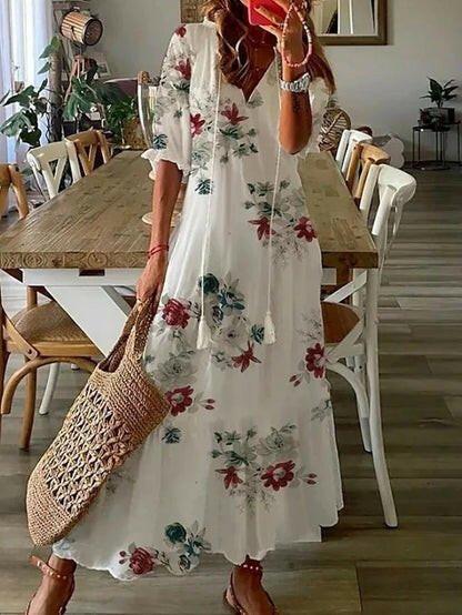 Boho V-neck tummy coverage flowy maxi dress for women | Dianna