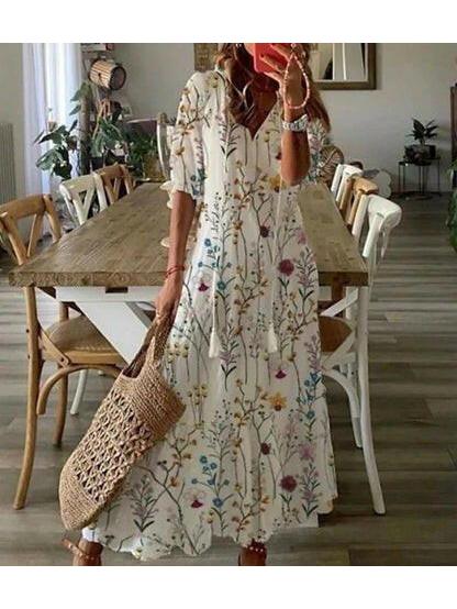 Boho V-neck tummy coverage flowy maxi dress for women | Dianna