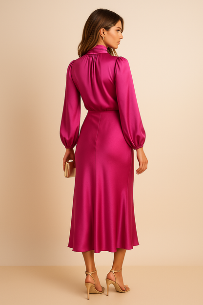 Corvina | Women's Satin High Neck Blouson Midi Dress
