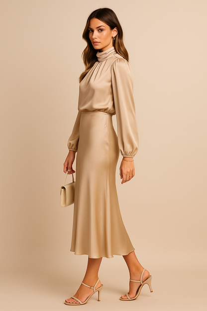 Corvina | Women's Satin High Neck Blouson Midi Dress