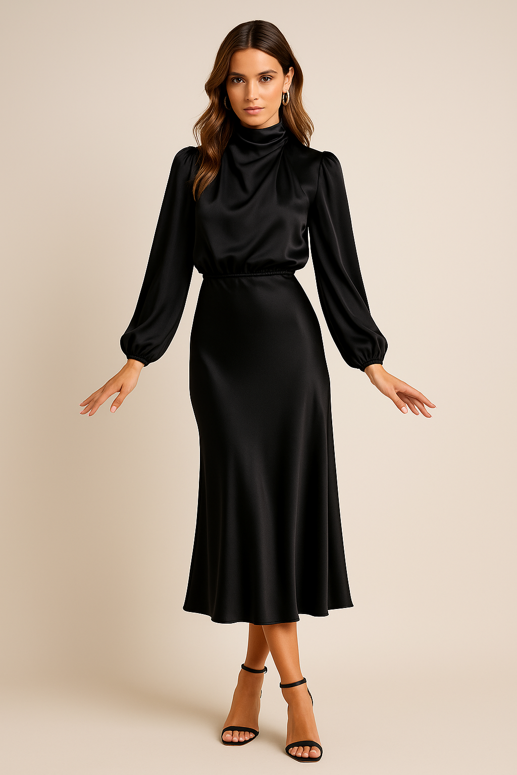 Corvina | Women's Satin High Neck Blouson Midi Dress