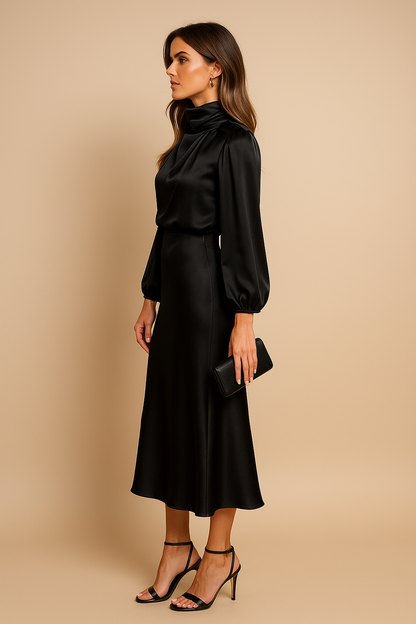 Corvina | Women's Satin High Neck Blouson Midi Dress
