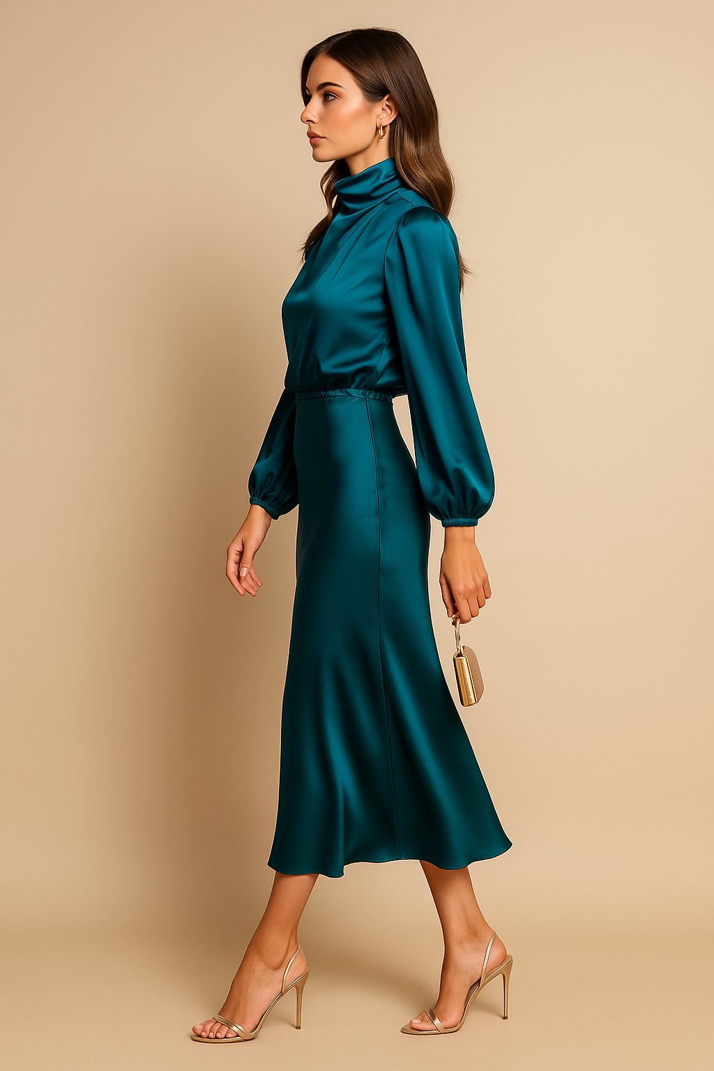 Corvina | Women's Satin High Neck Blouson Midi Dress