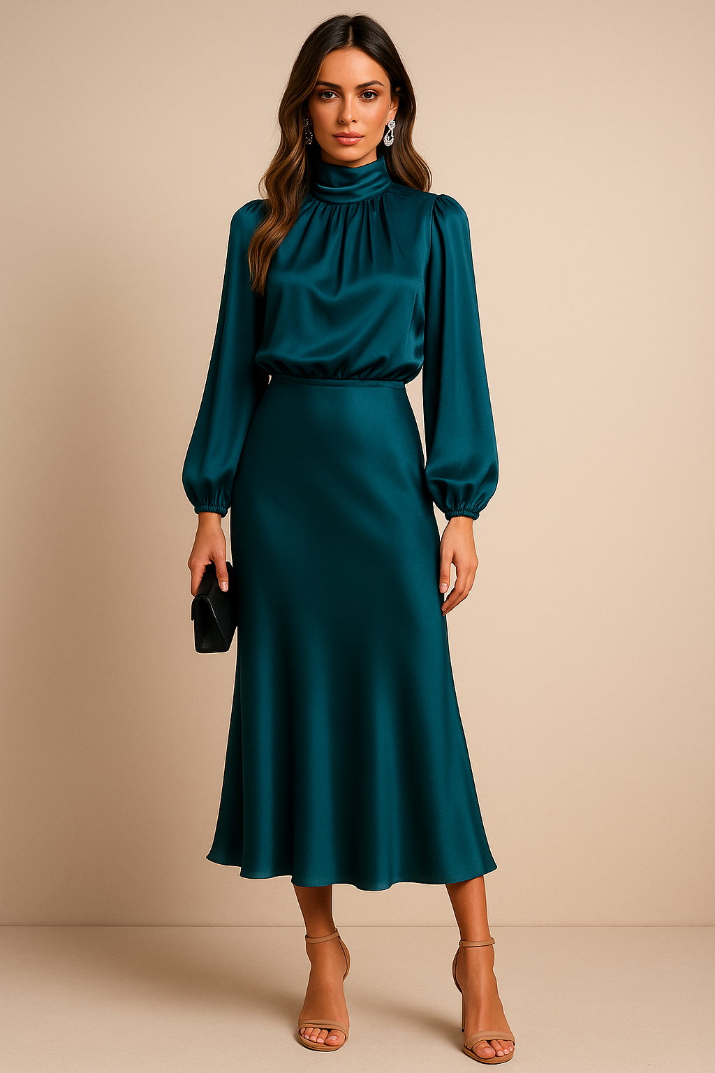 Corvina | Women's Satin High Neck Blouson Midi Dress