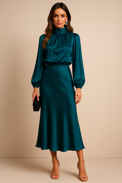Corvina | Women's Satin High Neck Blouson Midi Dress