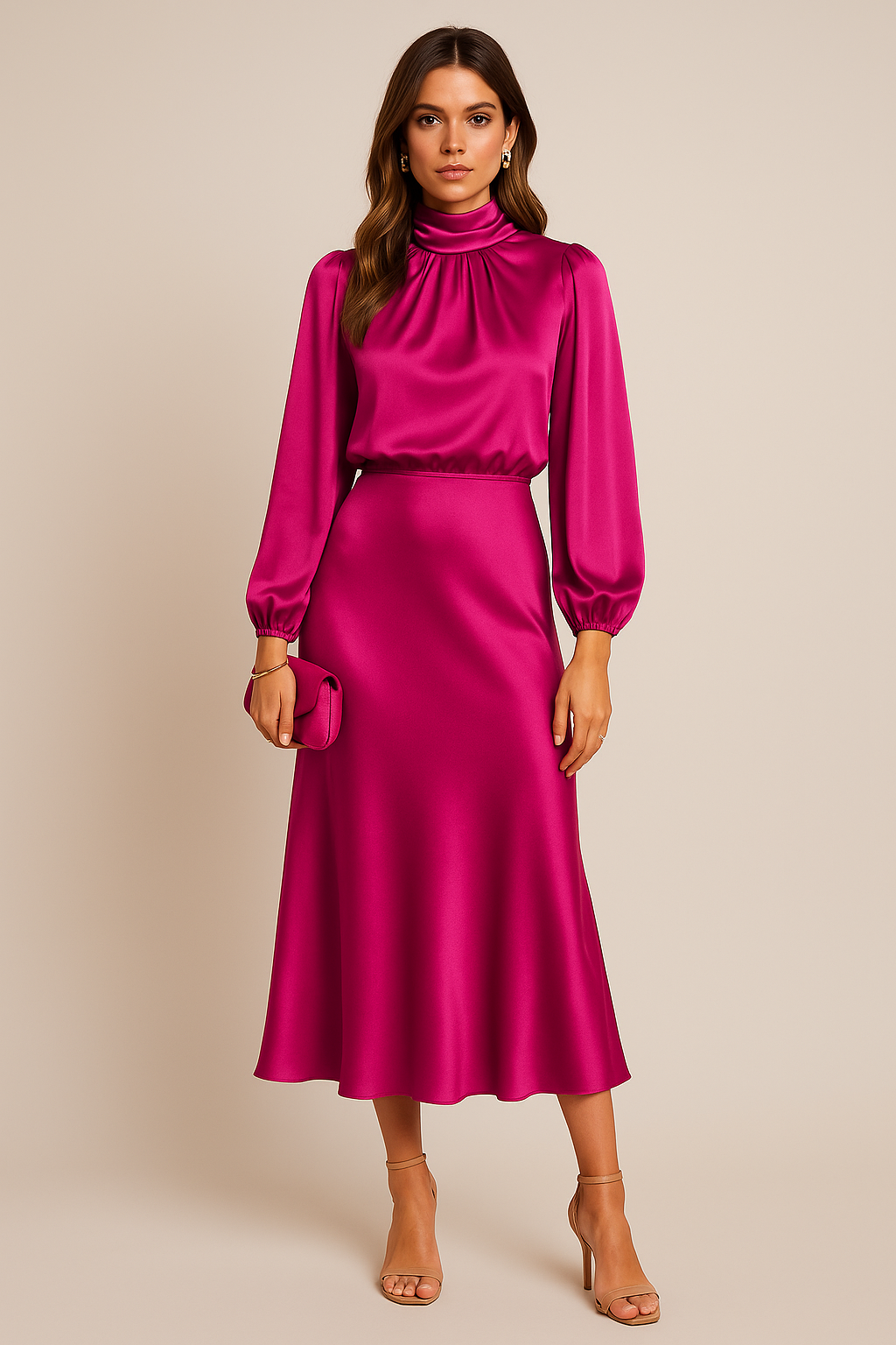 Corvina | Women's Satin High Neck Blouson Midi Dress