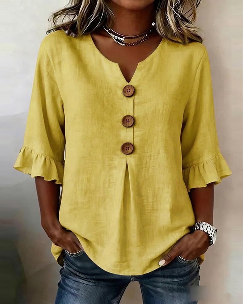 Cotton V-neck ruffle half sleeve blouse for women | Patrizia