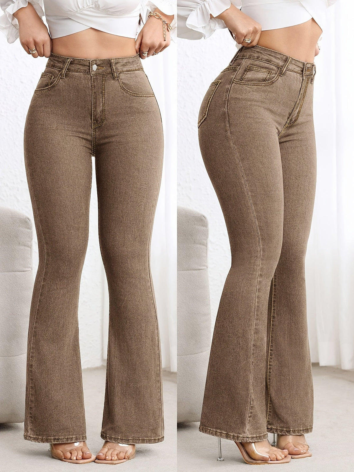 Cavelle | Women's High Waist Contrast Stitch Flare Jeans
