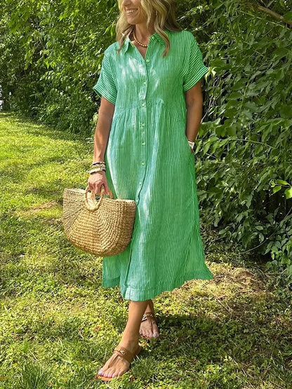 Striped button-up collar short sleeve gathered waist midi dress for women | Marisela