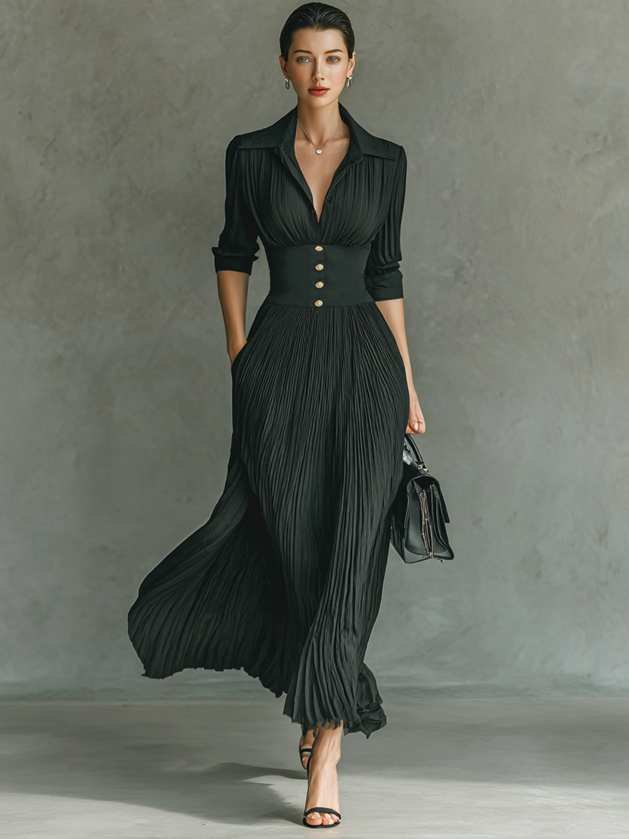 Pleated lapel waist maxi dress for women | Elowen
