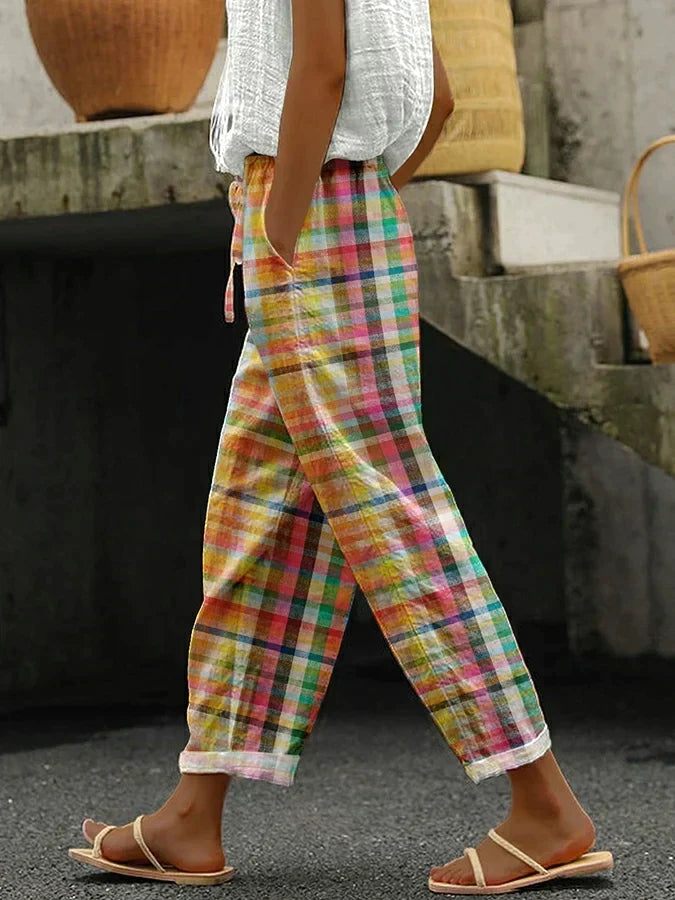 Checkered drawstring cropped tapered trousers for women | Marisela