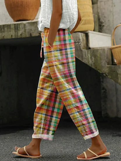 Checkered drawstring cropped tapered trousers for women | Marisela