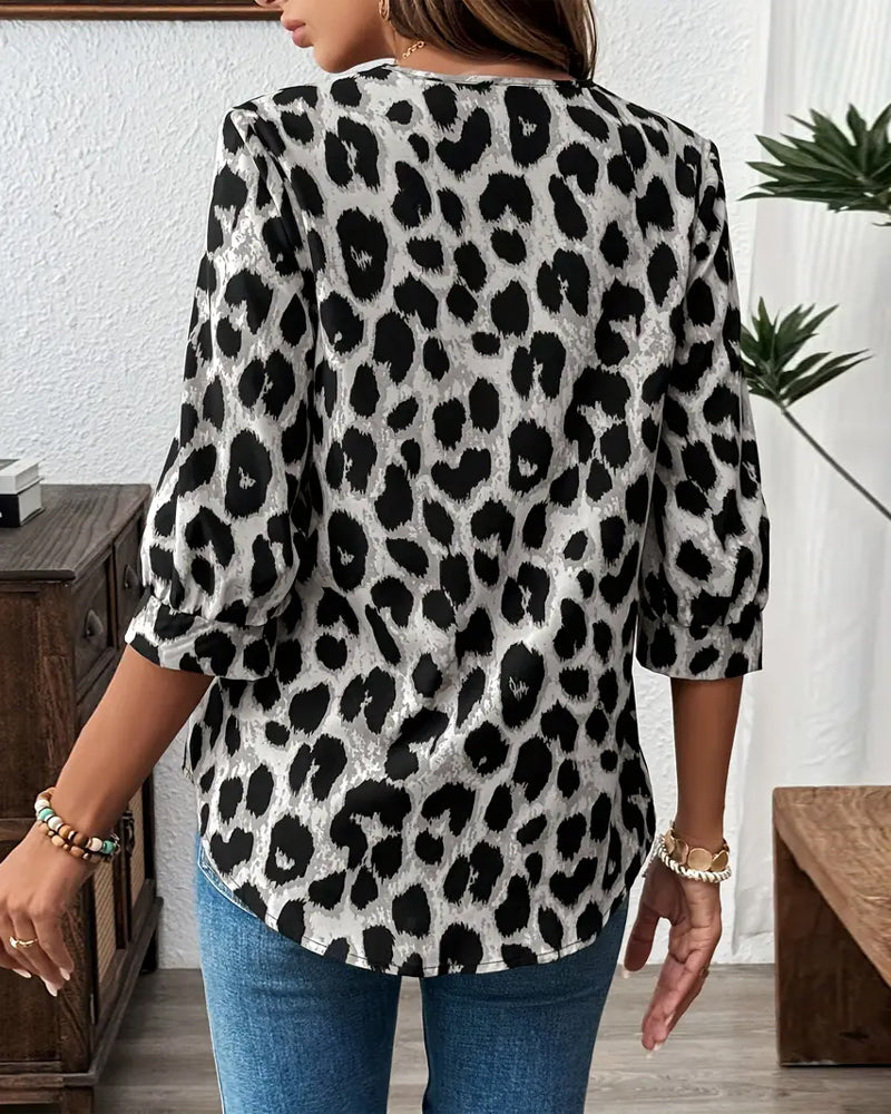 Leopard print lapel collar cotton blouse for women | Rosalyn