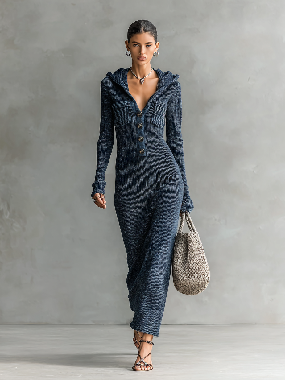 Slim hooded maxi dress with clean silhouette for women | Elowen