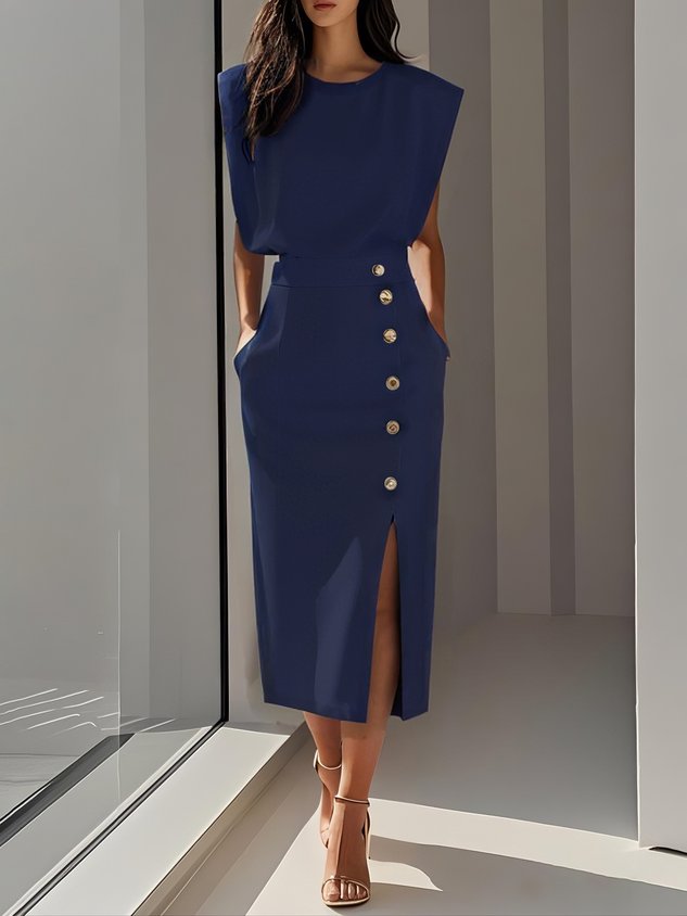 Round neck button slit structured midi dress for women | Marisela