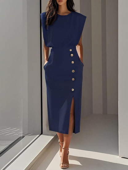 Round neck button slit structured midi dress for women | Marisela