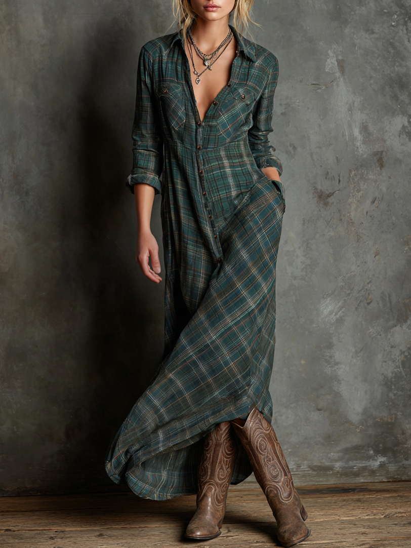 Plaid shirt maxi dress for women | Liora