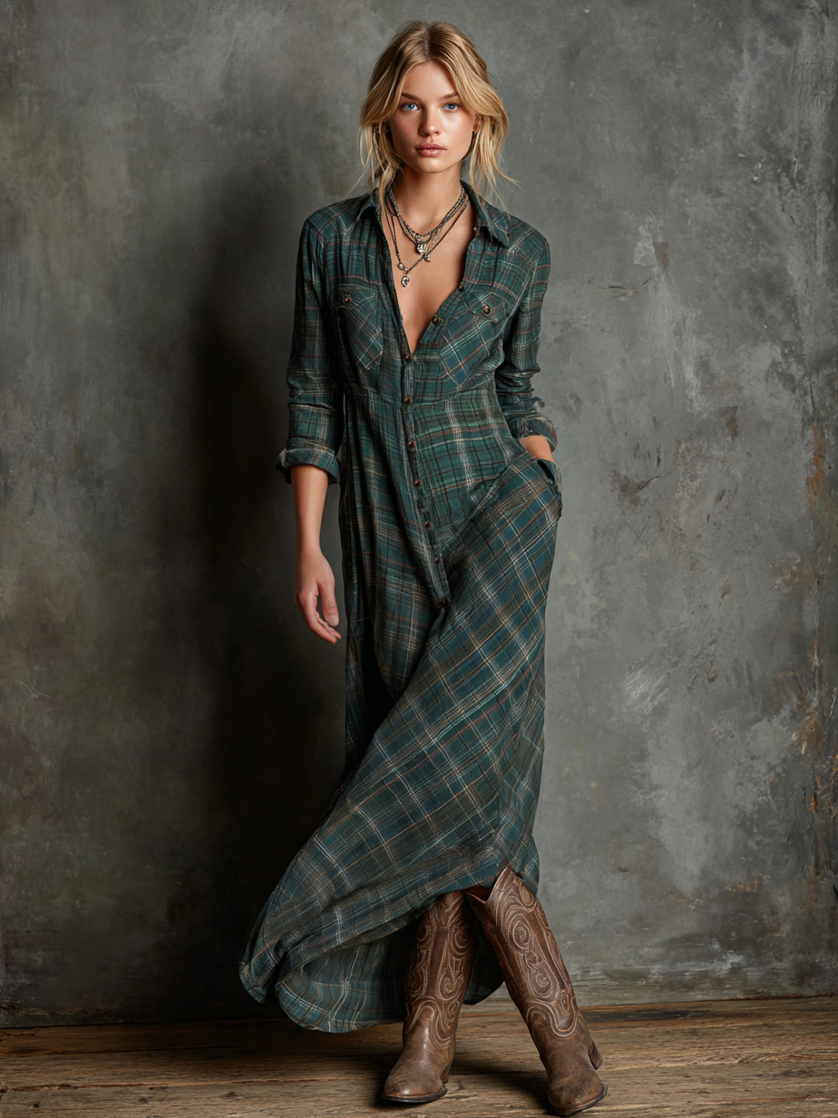 Plaid shirt maxi dress for women | Liora