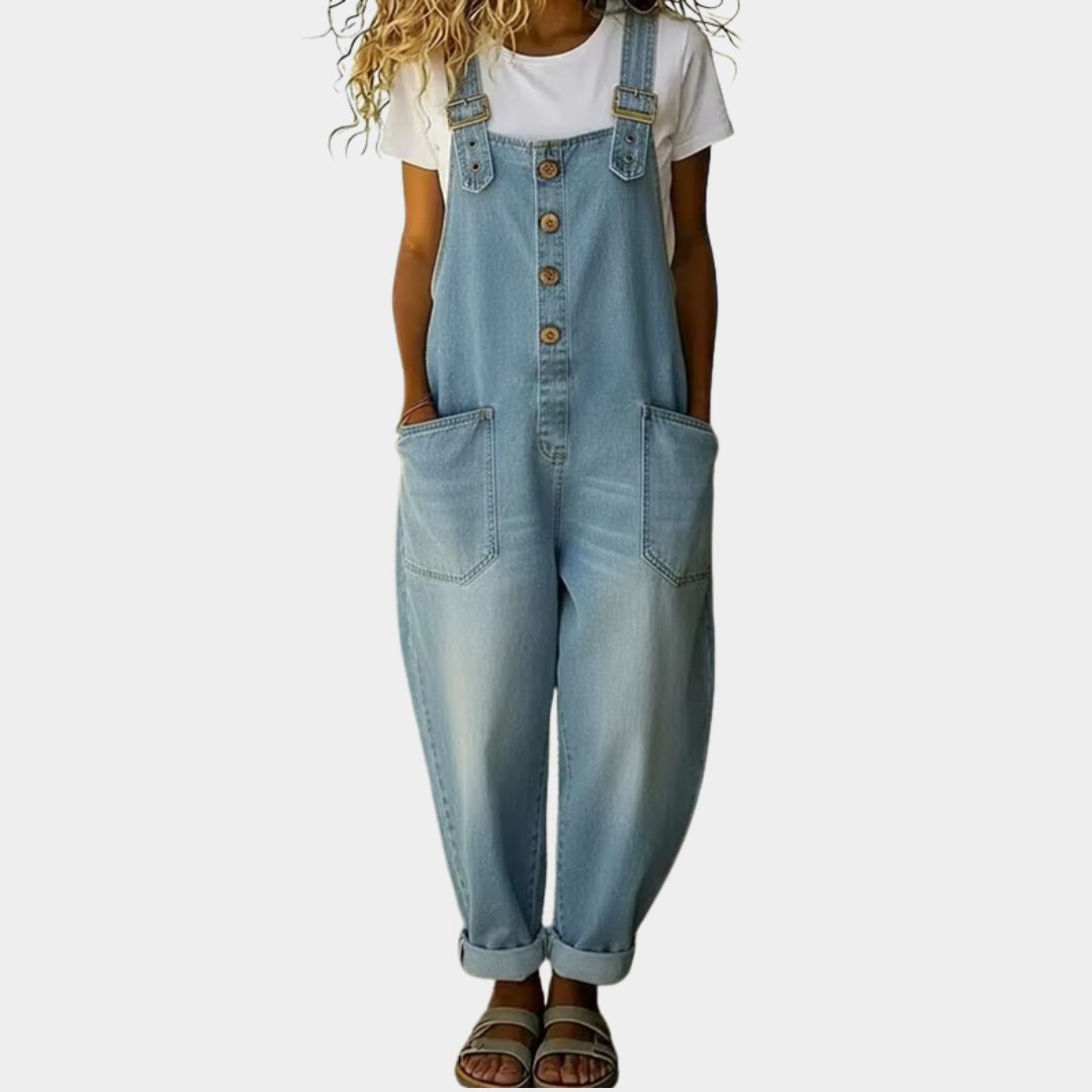 Elowra | Women's Relaxed Denim Button Front Overalls