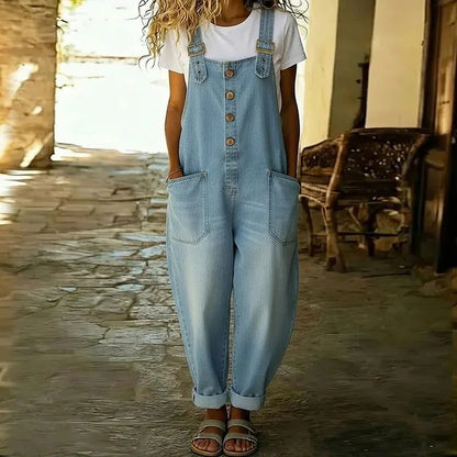 Elowra | Women's Relaxed Denim Button Front Overalls